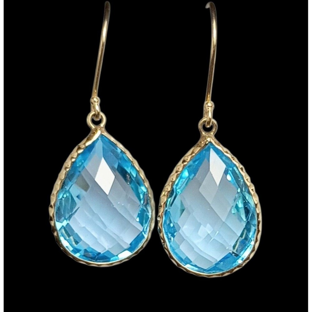 14K Yellow Gold Swiss Blue Topaz Drop Dangle French Wire Earrings - Picture 9 of 12